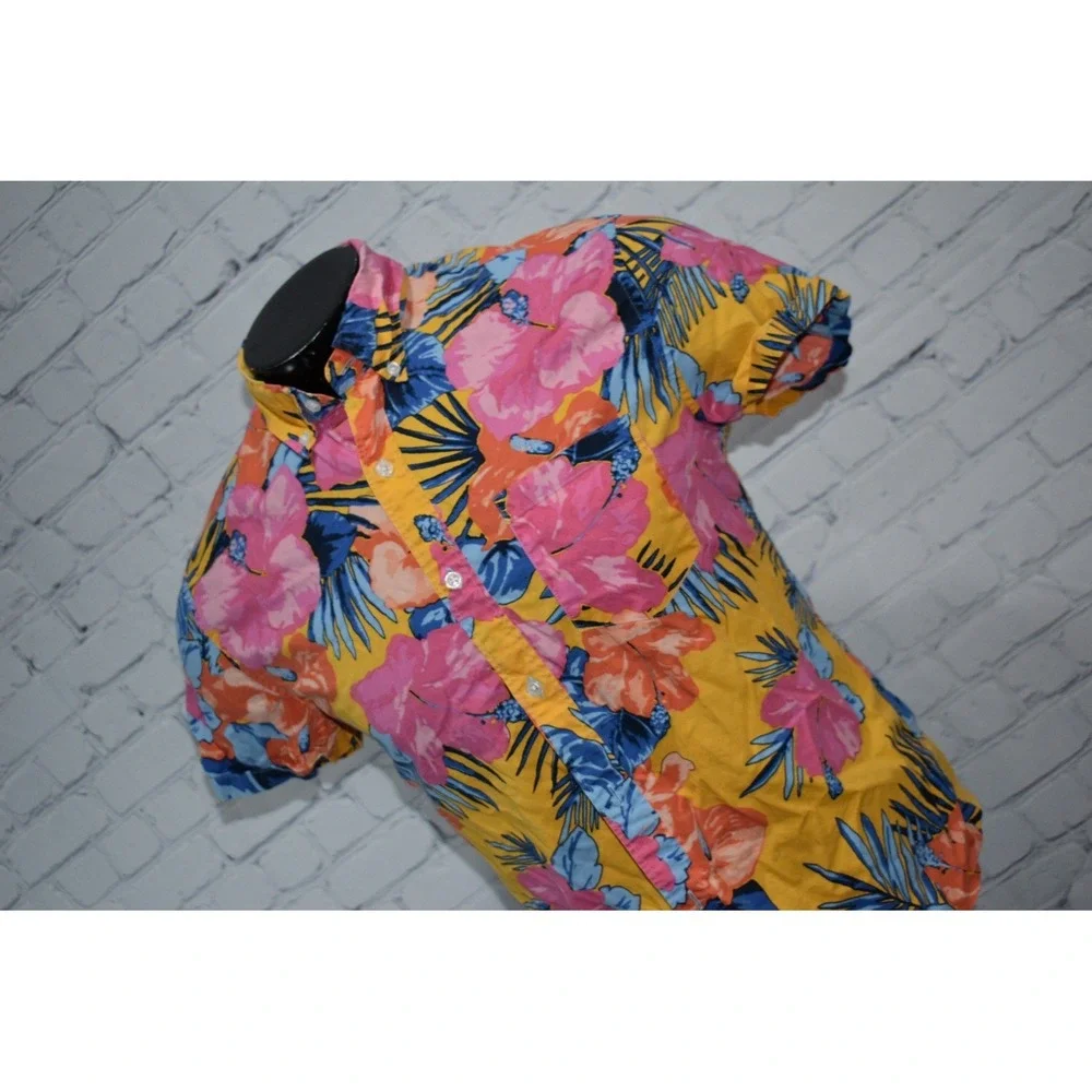 J.Crew Button Down Shirt Men Medium Yellow Pink Floral Slim Flex Washed Hawaiian